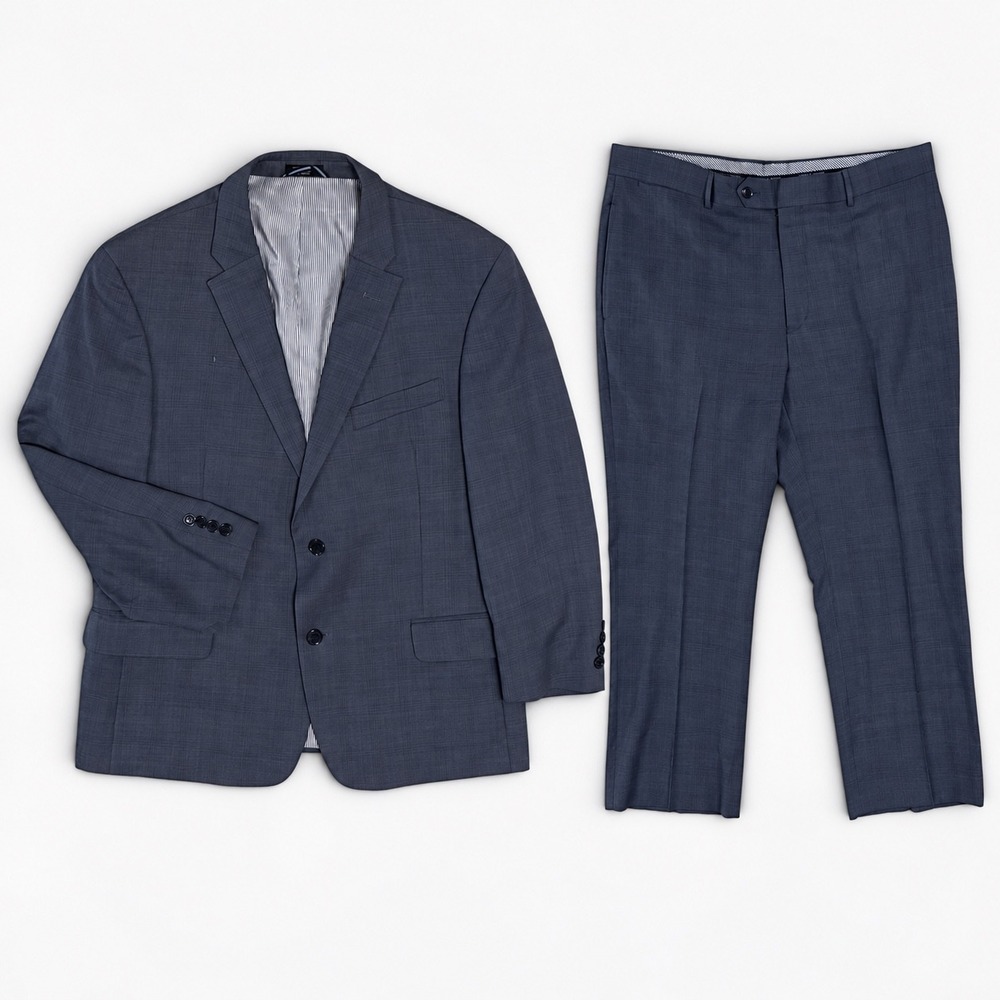 Tommy Hilfiger Suit Mens 44 Glen Plaid Pants 36x26 100% Wool 2-Piece Set Blue